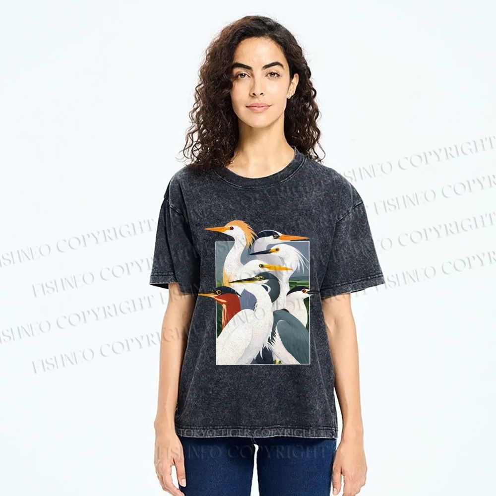 Unisex Elegant Water Birds Collage Printed Washed Tee