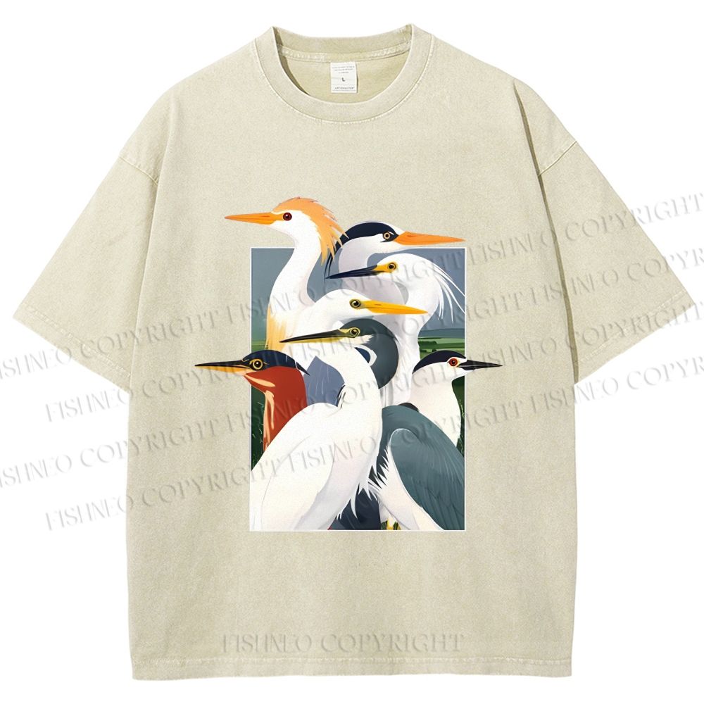 Unisex Elegant Water Birds Collage Printed Washed Tee
