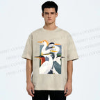 Unisex Elegant Water Birds Collage Printed Washed Tee