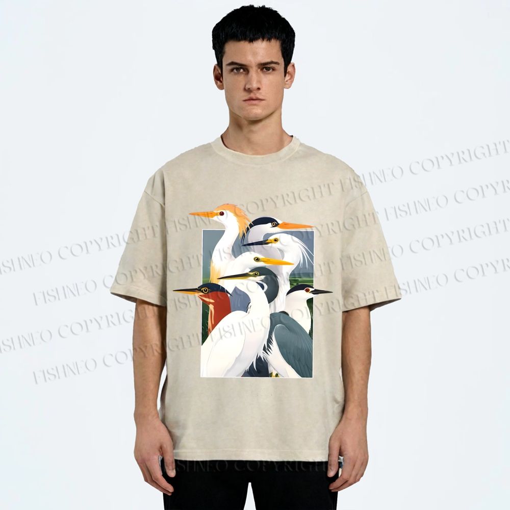 Unisex Elegant Water Birds Collage Printed Washed Tee