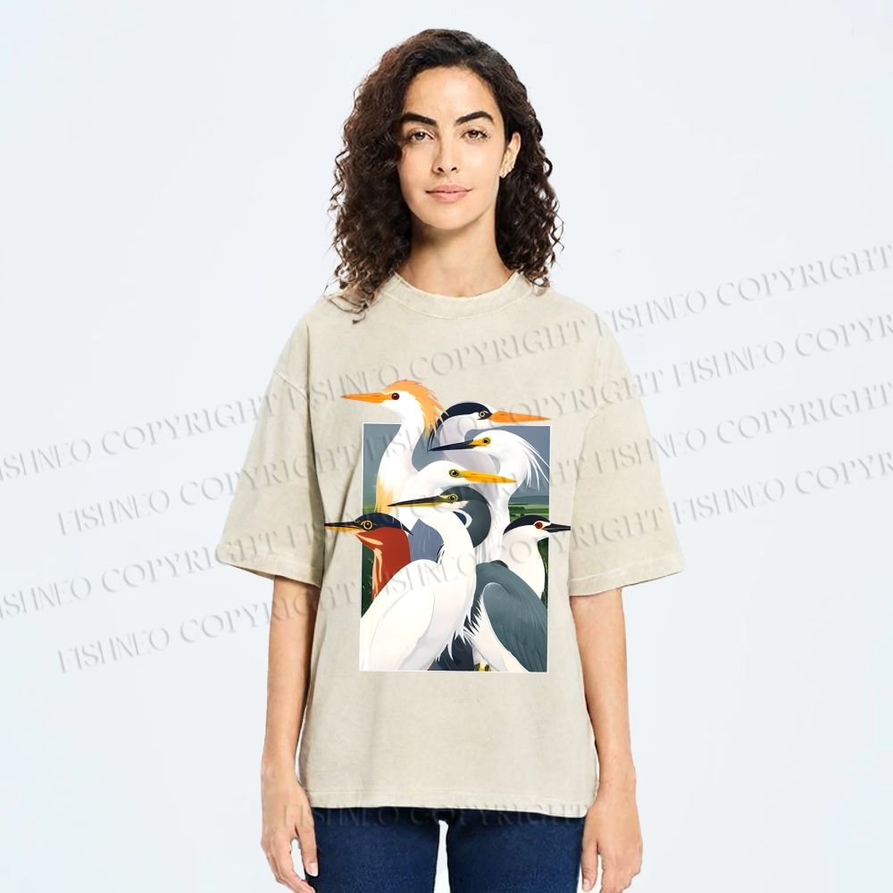 Unisex Elegant Water Birds Collage Printed Washed Tee