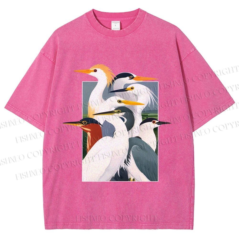 Unisex Elegant Water Birds Collage Printed Washed Tee