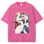 Unisex Elegant Water Birds Collage Printed Washed Tee