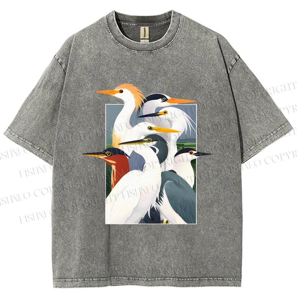 Unisex Elegant Water Birds Collage Printed Washed Tee
