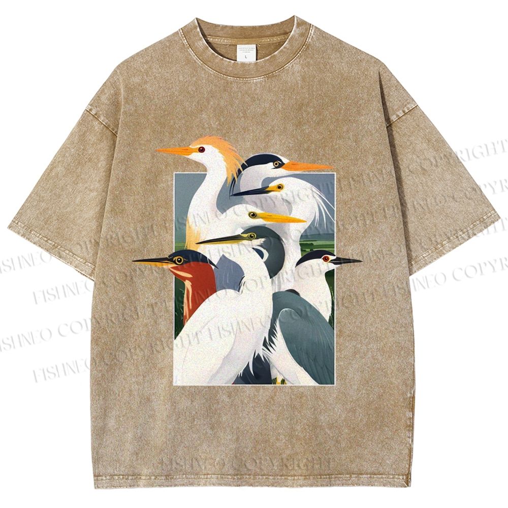 Unisex Elegant Water Birds Collage Printed Washed Tee