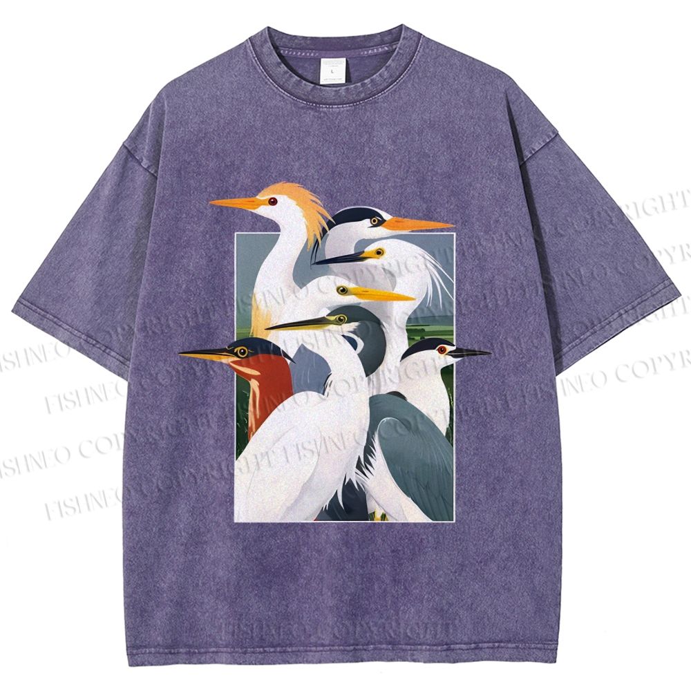 Unisex Elegant Water Birds Collage Printed Washed Tee