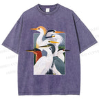 Unisex Elegant Water Birds Collage Printed Washed Tee