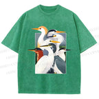 Unisex Elegant Water Birds Collage Printed Washed Tee