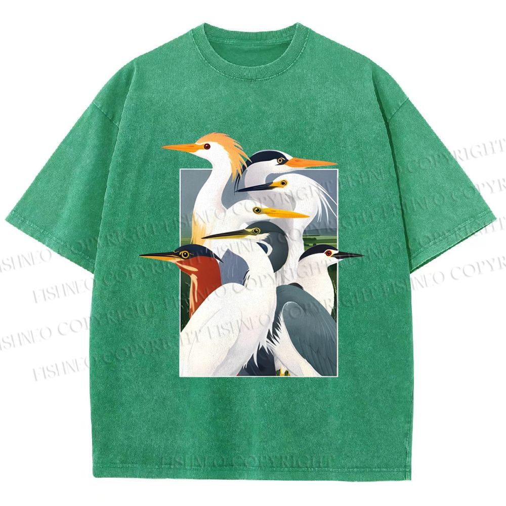 Unisex Elegant Water Birds Collage Printed Washed Tee