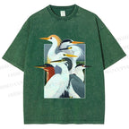 Unisex Elegant Water Birds Collage Printed Washed Tee