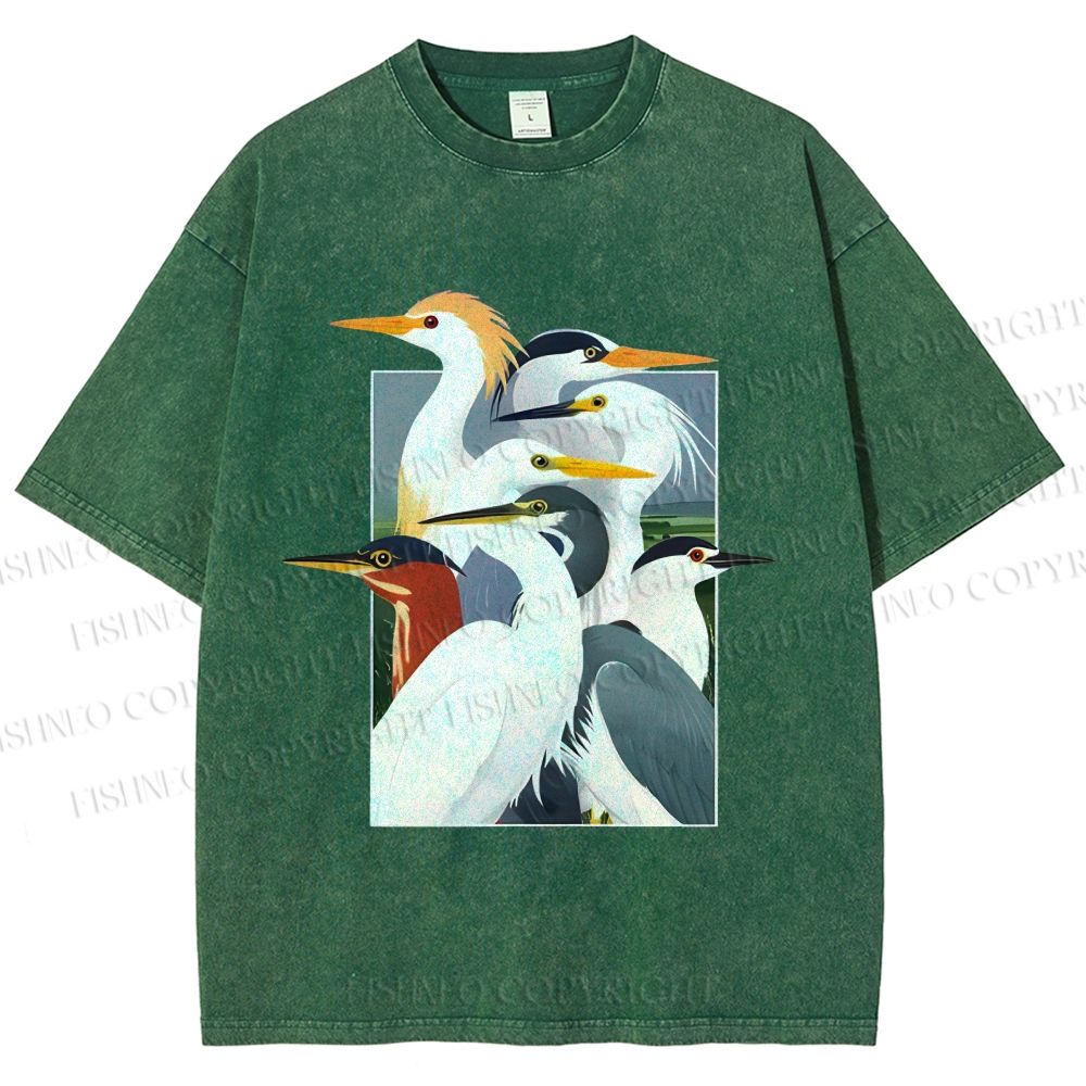 Unisex Elegant Water Birds Collage Printed Washed Tee