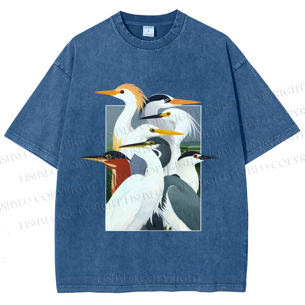 Unisex Elegant Water Birds Collage Printed Washed Tee
