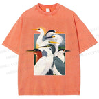 Unisex Elegant Water Birds Collage Printed Washed Tee