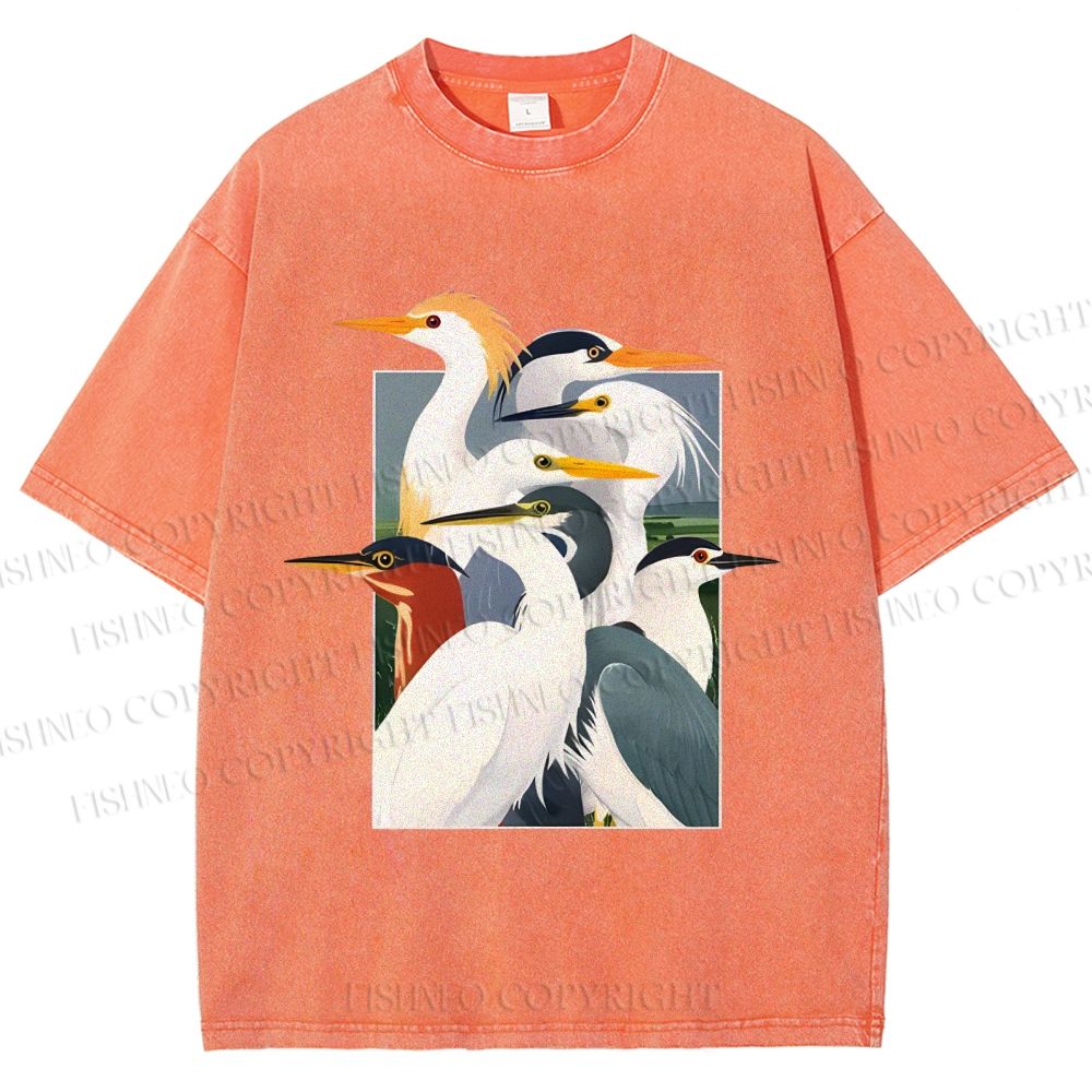Unisex Elegant Water Birds Collage Printed Washed Tee