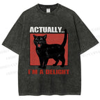 Unisex Actually, I'm a Delight Black Cat Printed Washed Tee