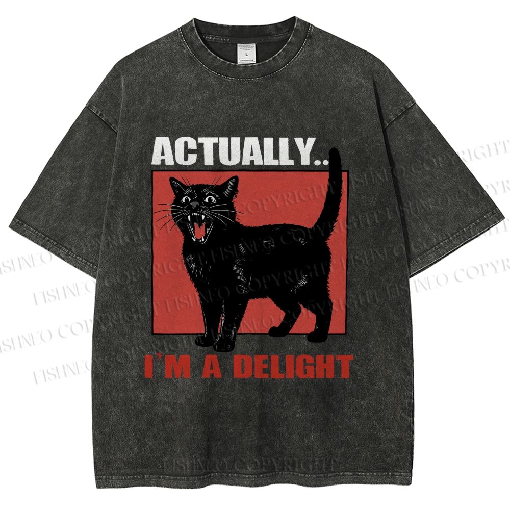 Unisex Actually, I'm a Delight Black Cat Printed Washed Tee