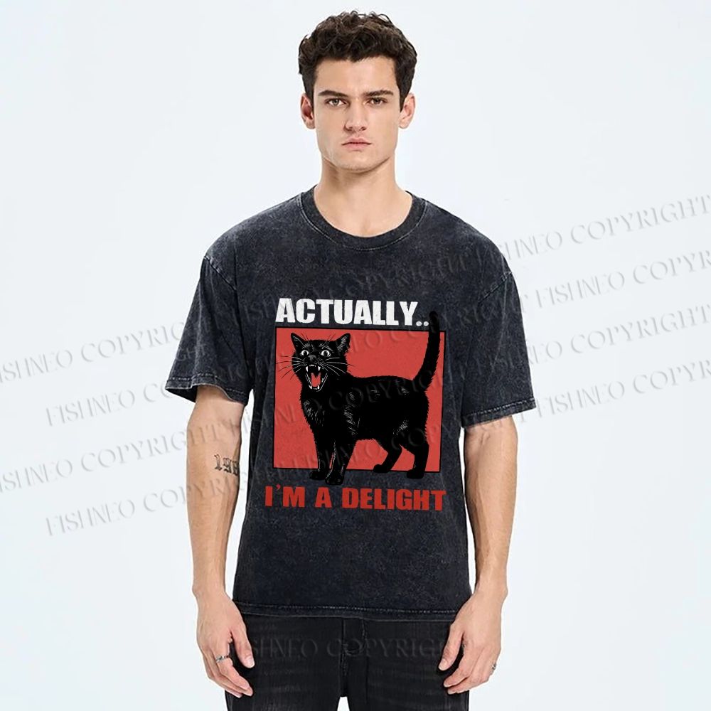 Unisex Actually, I'm a Delight Black Cat Printed Washed Tee