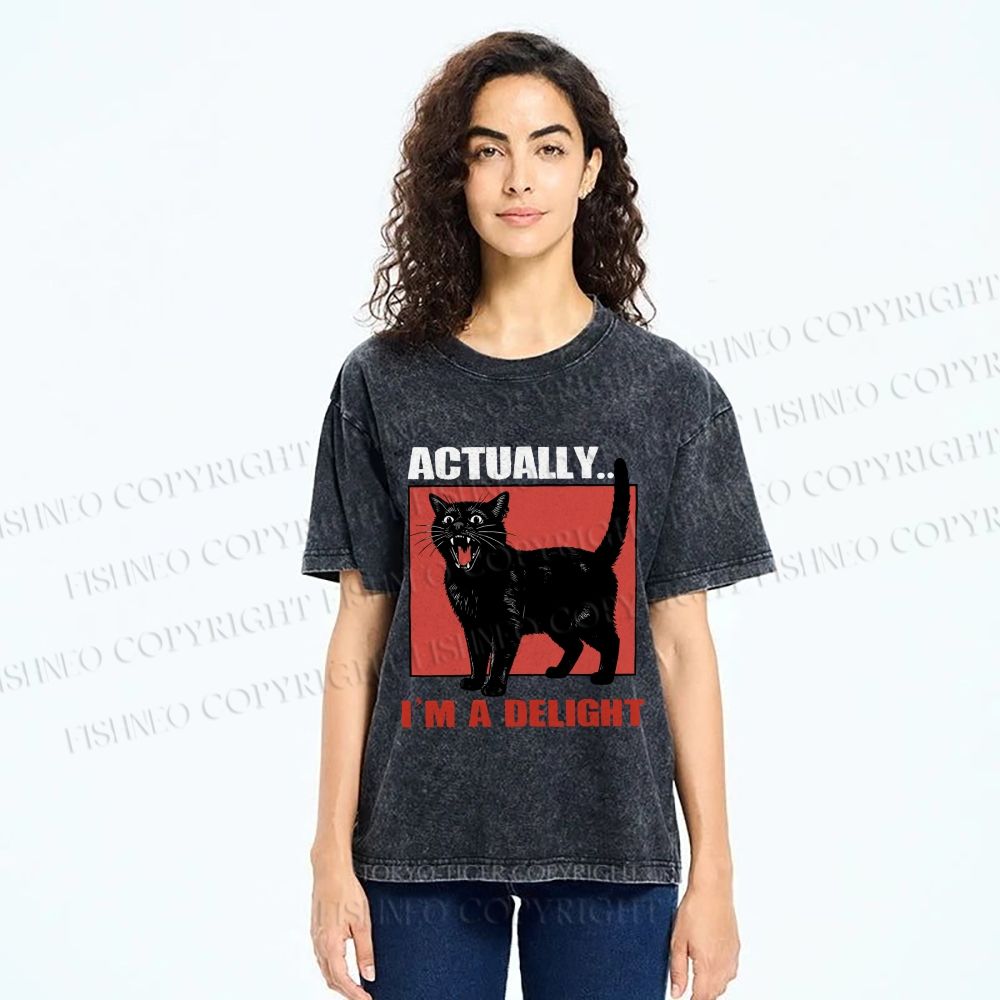 Unisex Actually, I'm a Delight Black Cat Printed Washed Tee