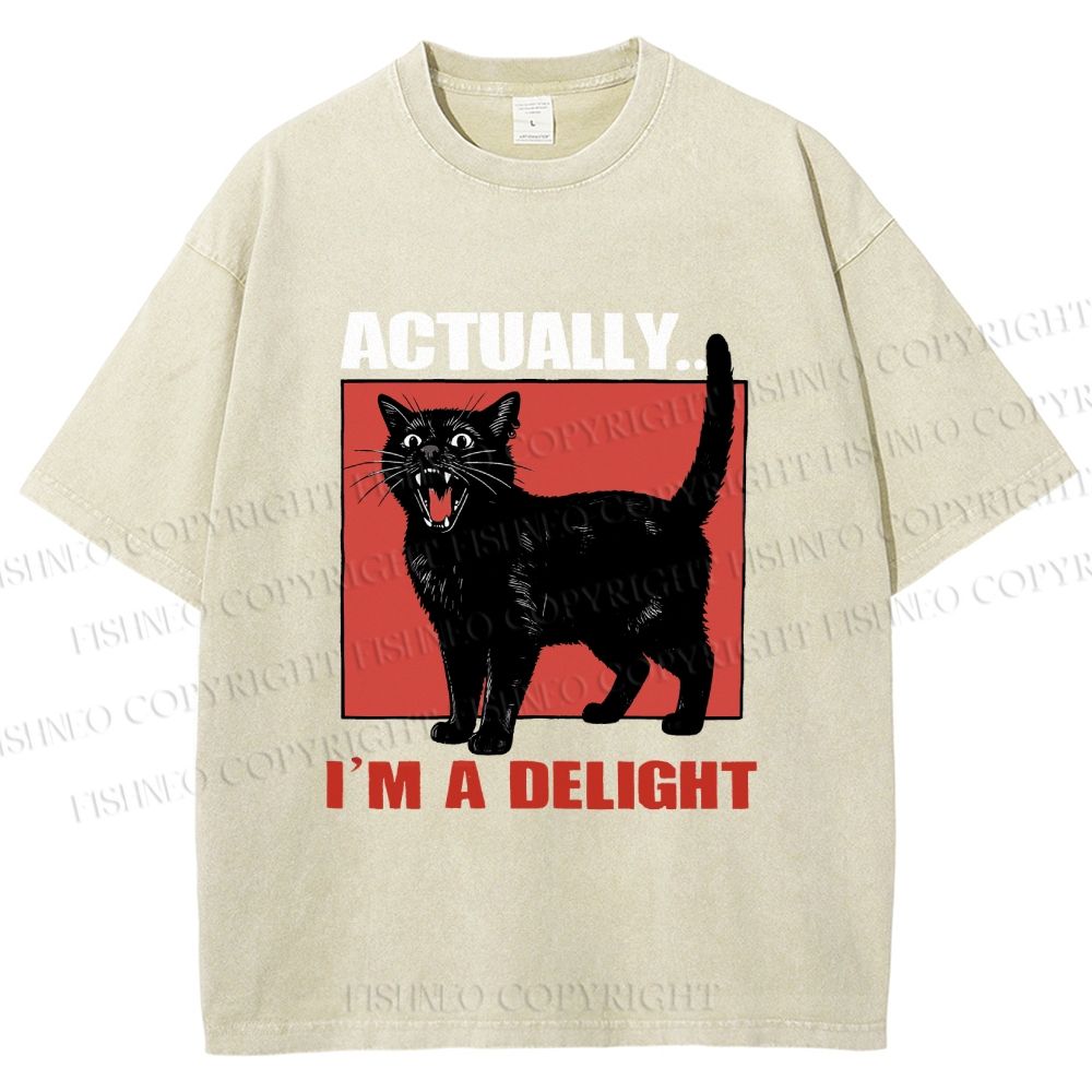 Unisex Actually, I'm a Delight Black Cat Printed Washed Tee