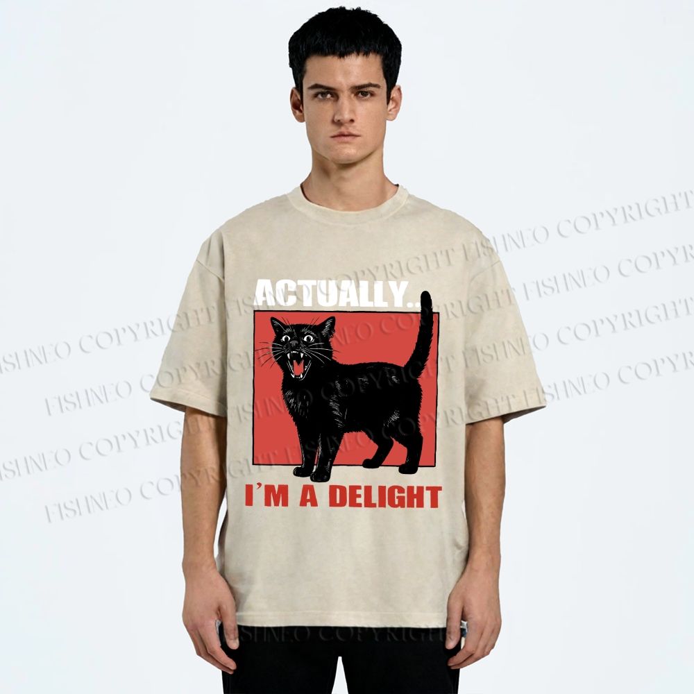 Unisex Actually, I'm a Delight Black Cat Printed Washed Tee
