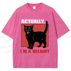 Unisex Actually, I'm a Delight Black Cat Printed Washed Tee