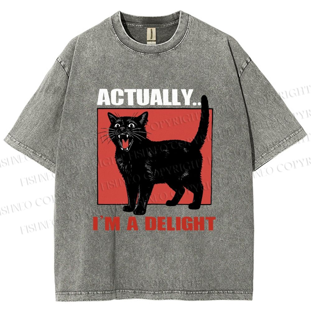 Unisex Actually, I'm a Delight Black Cat Printed Washed Tee