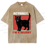 Unisex Actually, I'm a Delight Black Cat Printed Washed Tee