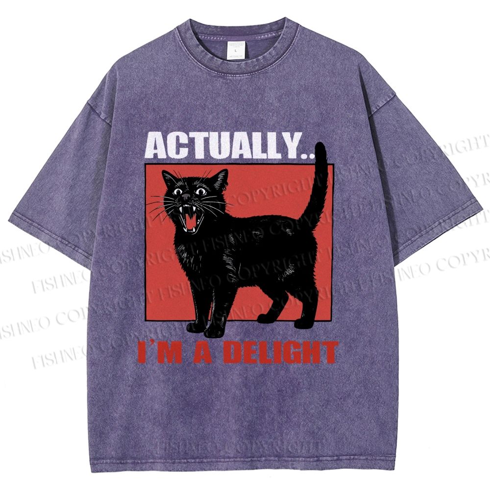 Unisex Actually, I'm a Delight Black Cat Printed Washed Tee