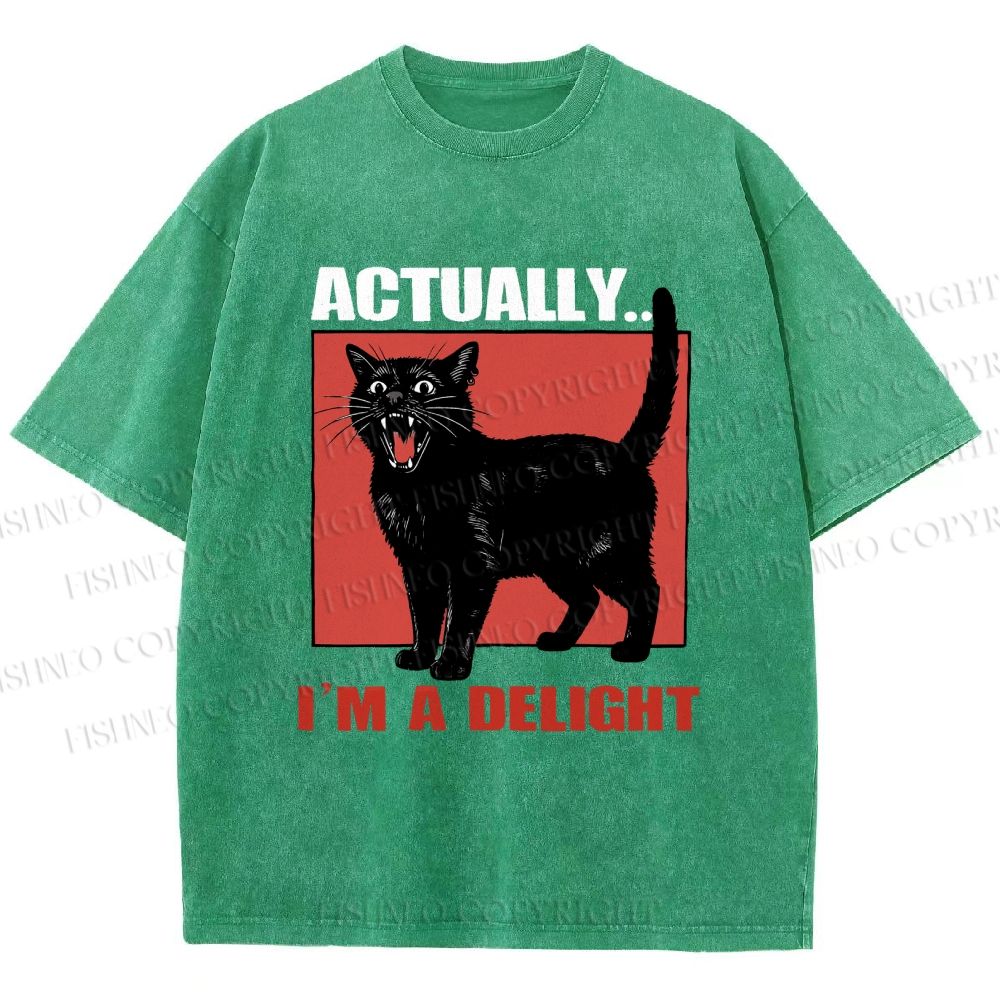 Unisex Actually, I'm a Delight Black Cat Printed Washed Tee