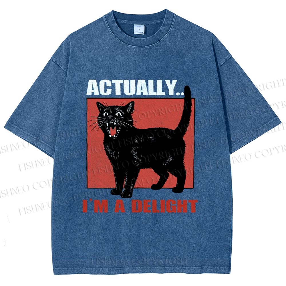 Unisex Actually, I'm a Delight Black Cat Printed Washed Tee