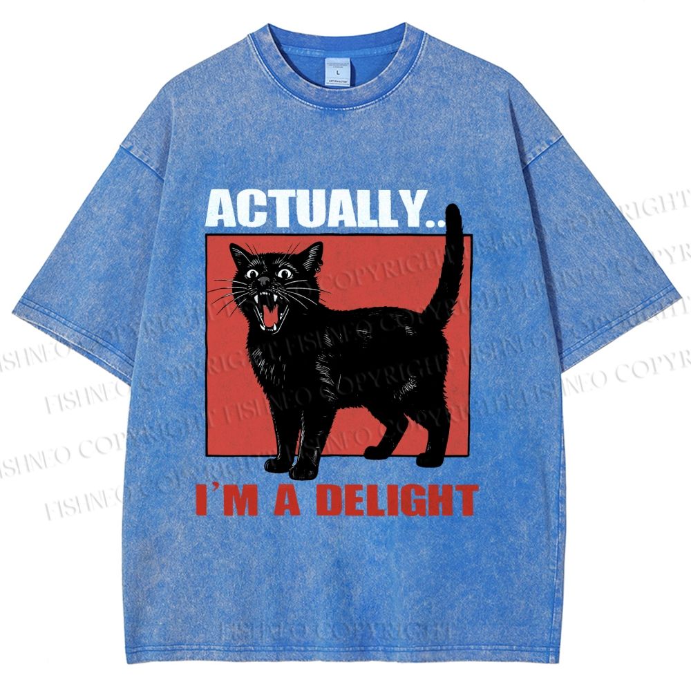 Unisex Actually, I'm a Delight Black Cat Printed Washed Tee