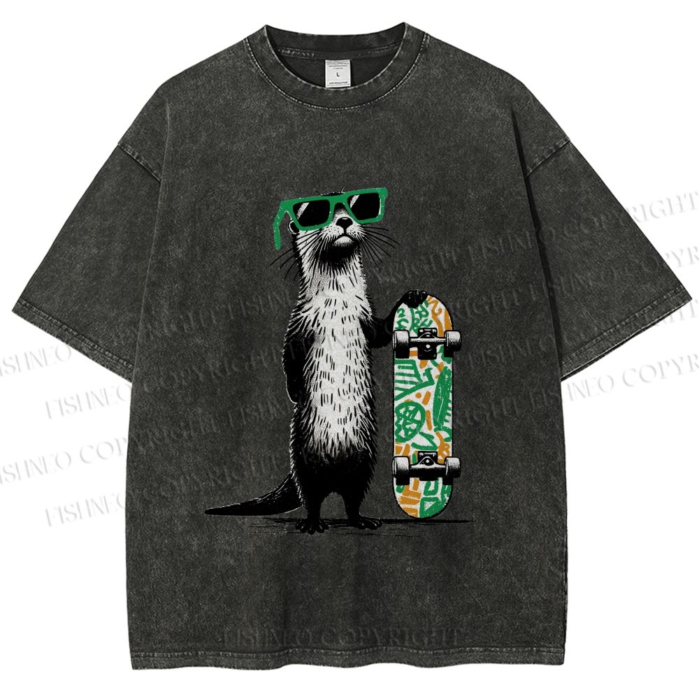 Unisex Street Style Skater Otter Printed Washed Tee