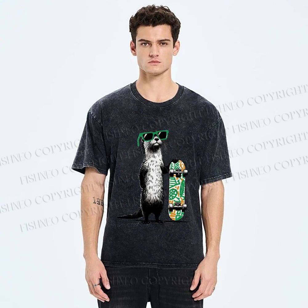 Unisex Street Style Skater Otter Printed Washed Tee