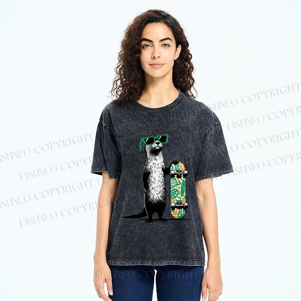 Unisex Street Style Skater Otter Printed Washed Tee