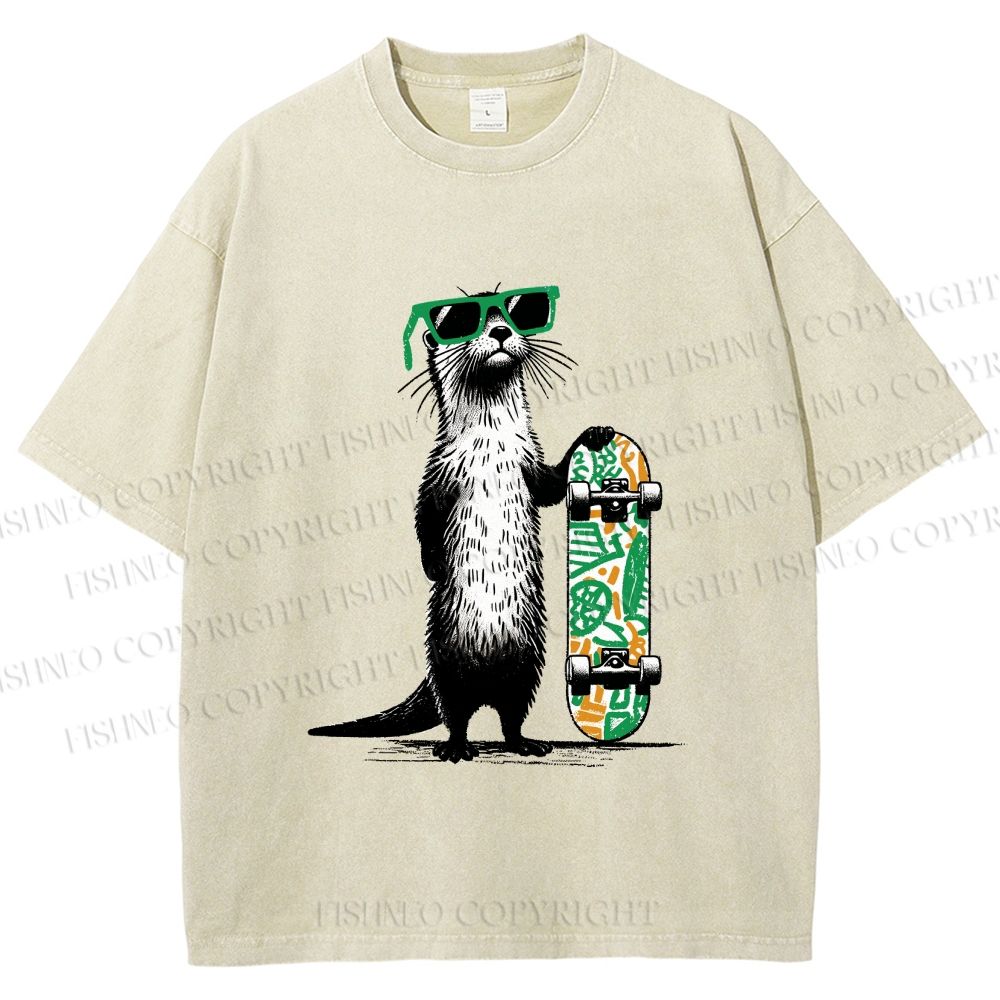 Unisex Street Style Skater Otter Printed Washed Tee