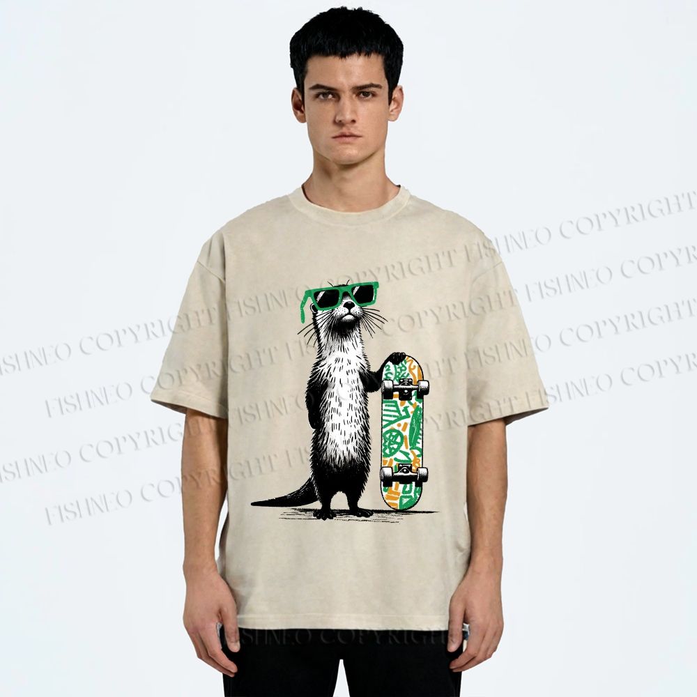 Unisex Street Style Skater Otter Printed Washed Tee