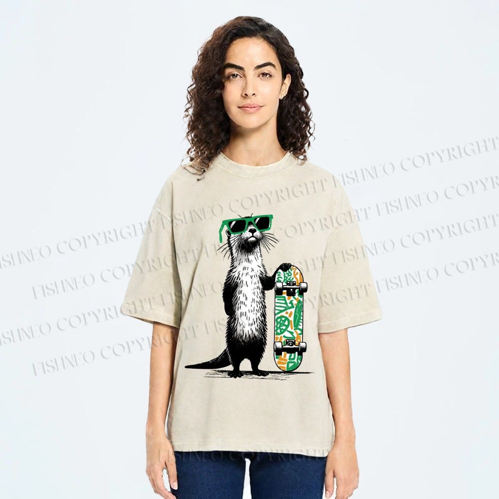 Unisex Street Style Skater Otter Printed Washed Tee