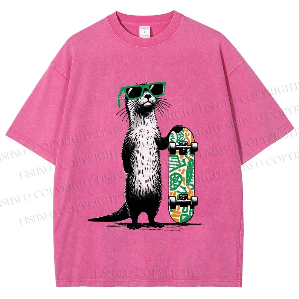 Unisex Street Style Skater Otter Printed Washed Tee