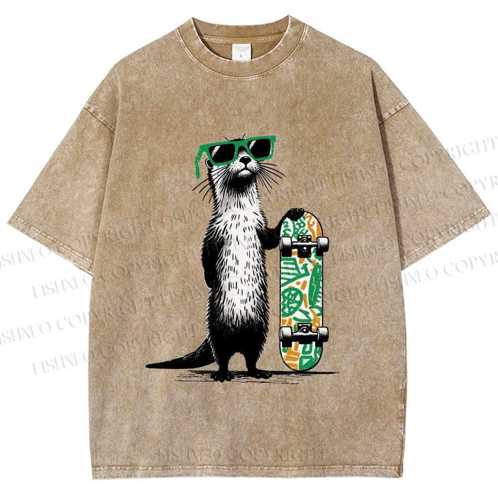 Unisex Street Style Skater Otter Printed Washed Tee
