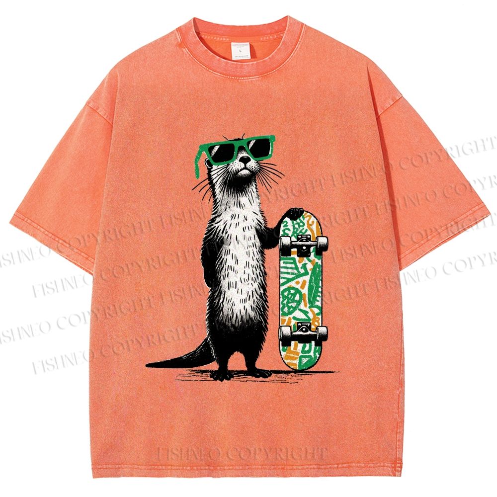 Unisex Street Style Skater Otter Printed Washed Tee