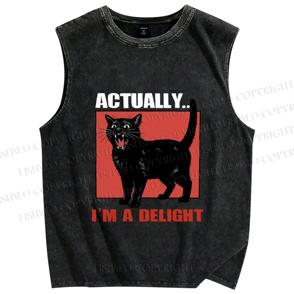 Unisex Actually I'm a Delight Black Cat Printed Washed Tank Top
