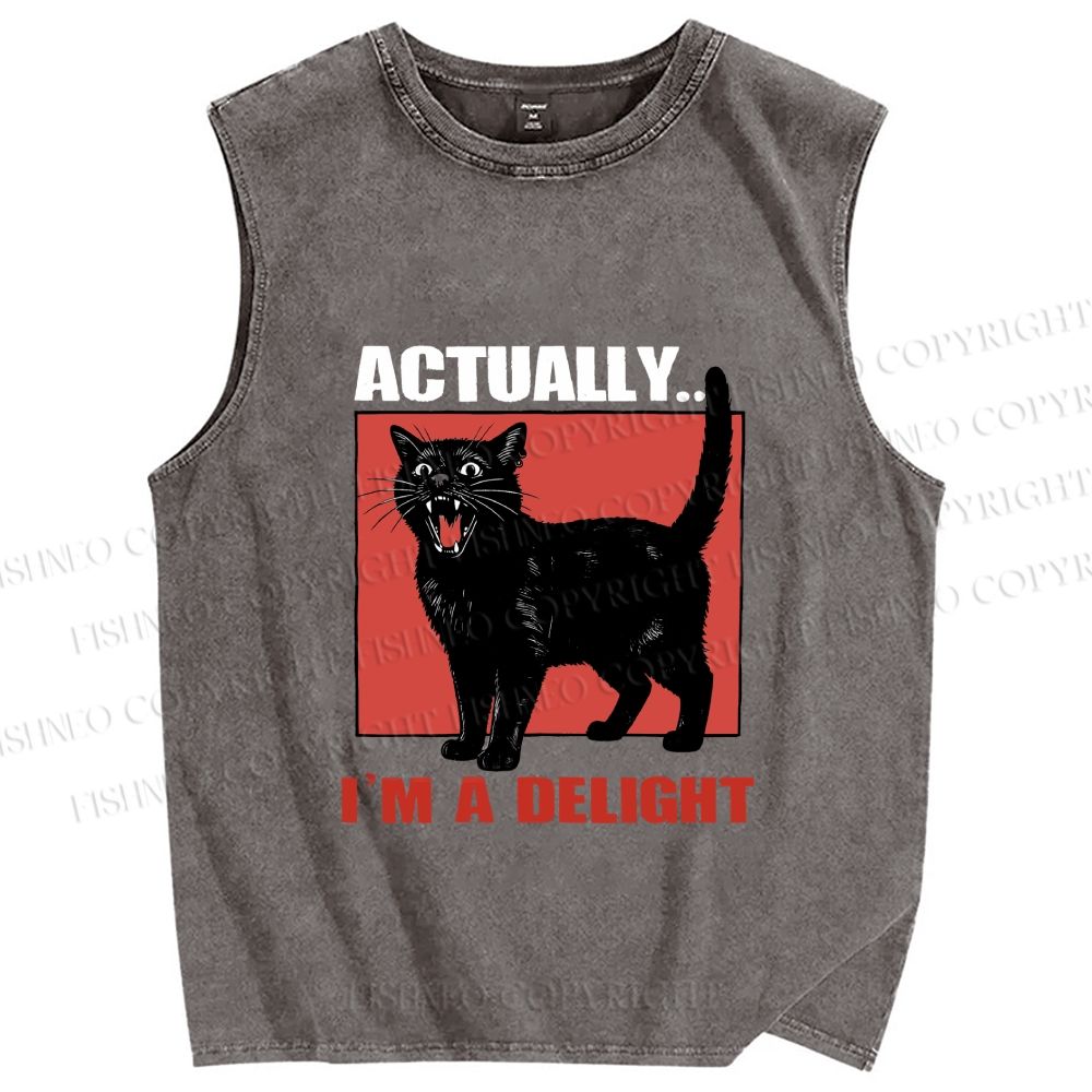 Unisex Actually I'm a Delight Black Cat Printed Washed Tank Top