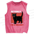 Unisex Actually I'm a Delight Black Cat Printed Washed Tank Top