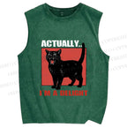 Unisex Actually I'm a Delight Black Cat Printed Washed Tank Top