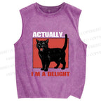 Unisex Actually I'm a Delight Black Cat Printed Washed Tank Top