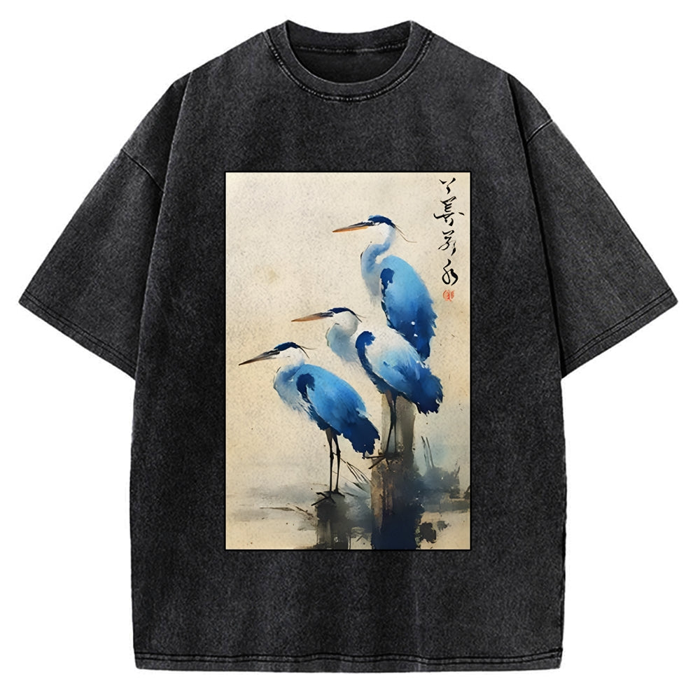 Unisex Great Blue Heron Japan Printed Washed Tee