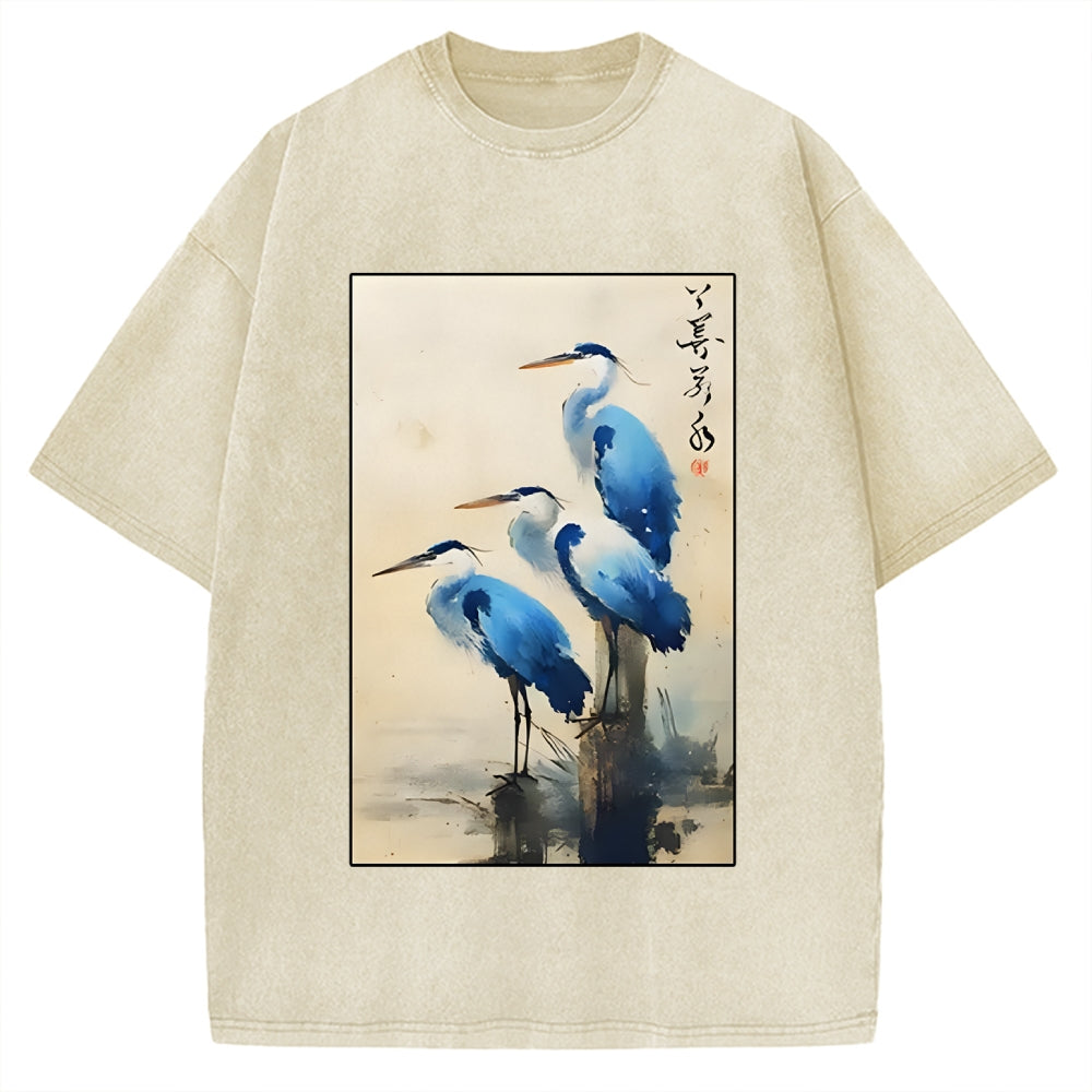 Unisex Great Blue Heron Japan Printed Washed Tee