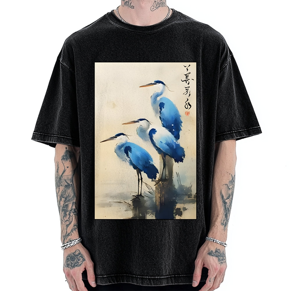 Unisex Great Blue Heron Japan Printed Washed Tee