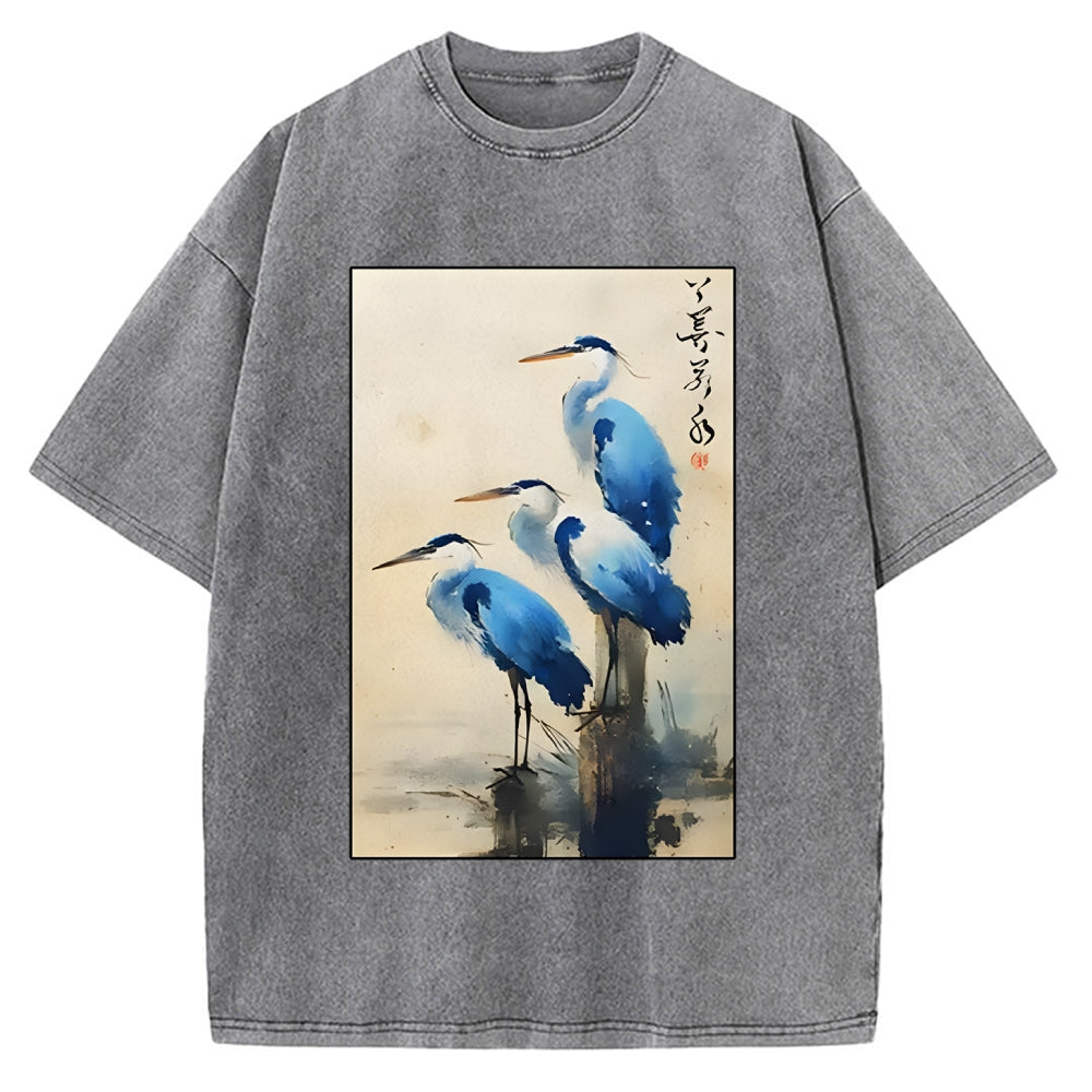 Unisex Great Blue Heron Japan Printed Washed Tee