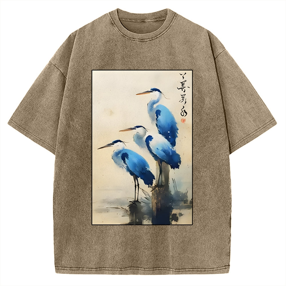 Unisex Great Blue Heron Japan Printed Washed Tee